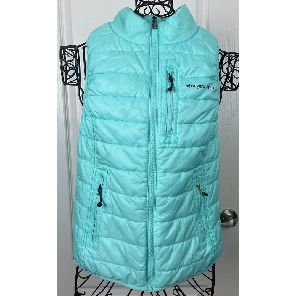 Vineyard Vines Women Puffer Vest Aqua Blue Quilted Full Zip XS Fall layering EUC